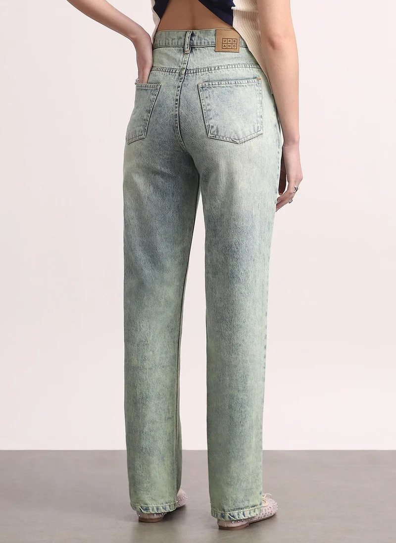 Urbano Fashion  Urbano Fashion Women's Ice Blue High Rise Straight Fit Washed Jeans Non-Stretchable for Women | Best Price UAE